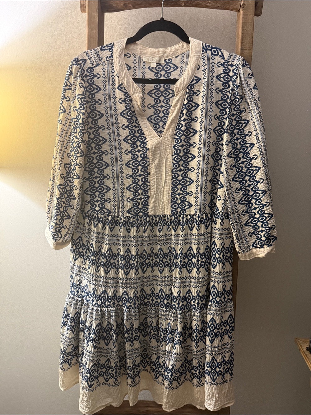 fig and flower Cream and Indigo Blue Printed Midi Dress